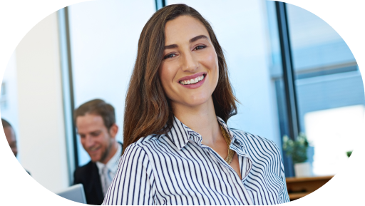 Smiling female professional representing the positive impact of Enstead's lead generation services and virtual assistance